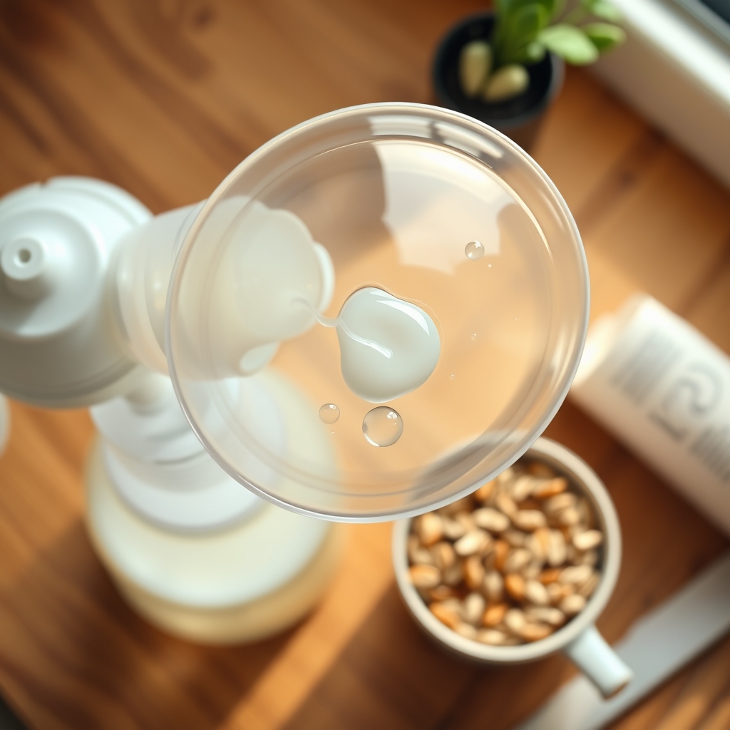 Close‑up of a breast pump bottle with expressed milk droplets, placed on a wooden countertop beside a cup of oatmeal, symbolizing re‑lactation