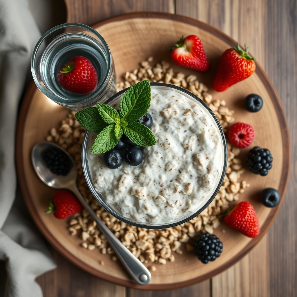 A bowl of oatmeal topped with fresh berries, a glass of water, and a small sprig of mint on a light wooden surface, illustrating a balanced weaning diet