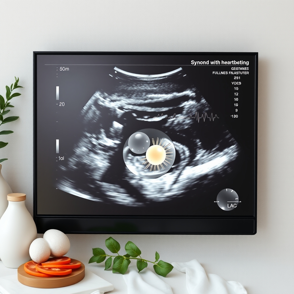 Early ultrasound image highlighting gestational sac, yolk sac, and tiny embryo with heartbeat, annotated diagram