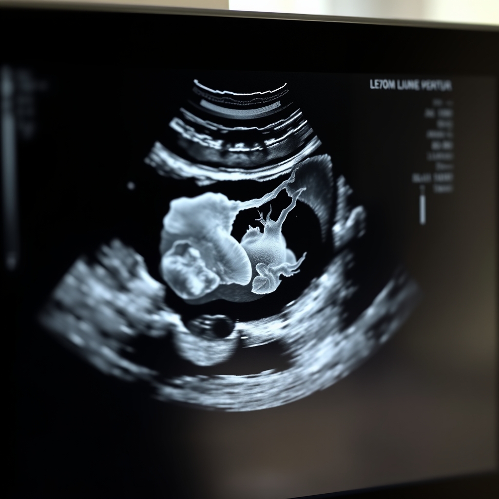 Seven-week transvaginal ultrasound showing a tiny embryo with a visible heartbeat, bright spot, and surrounding yolk sac