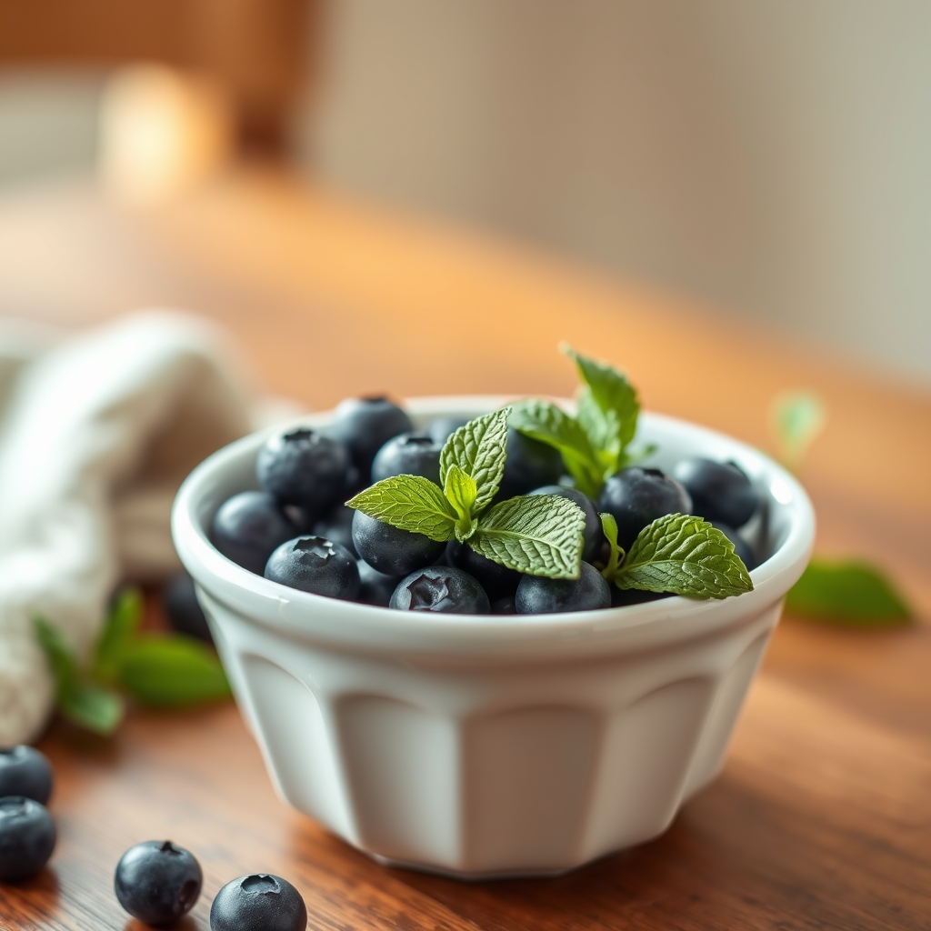A soft-focus photograph of a white ceramic bowl with a handful of fresh blueberries and a sprig of mint on a wooden table, warm natural light