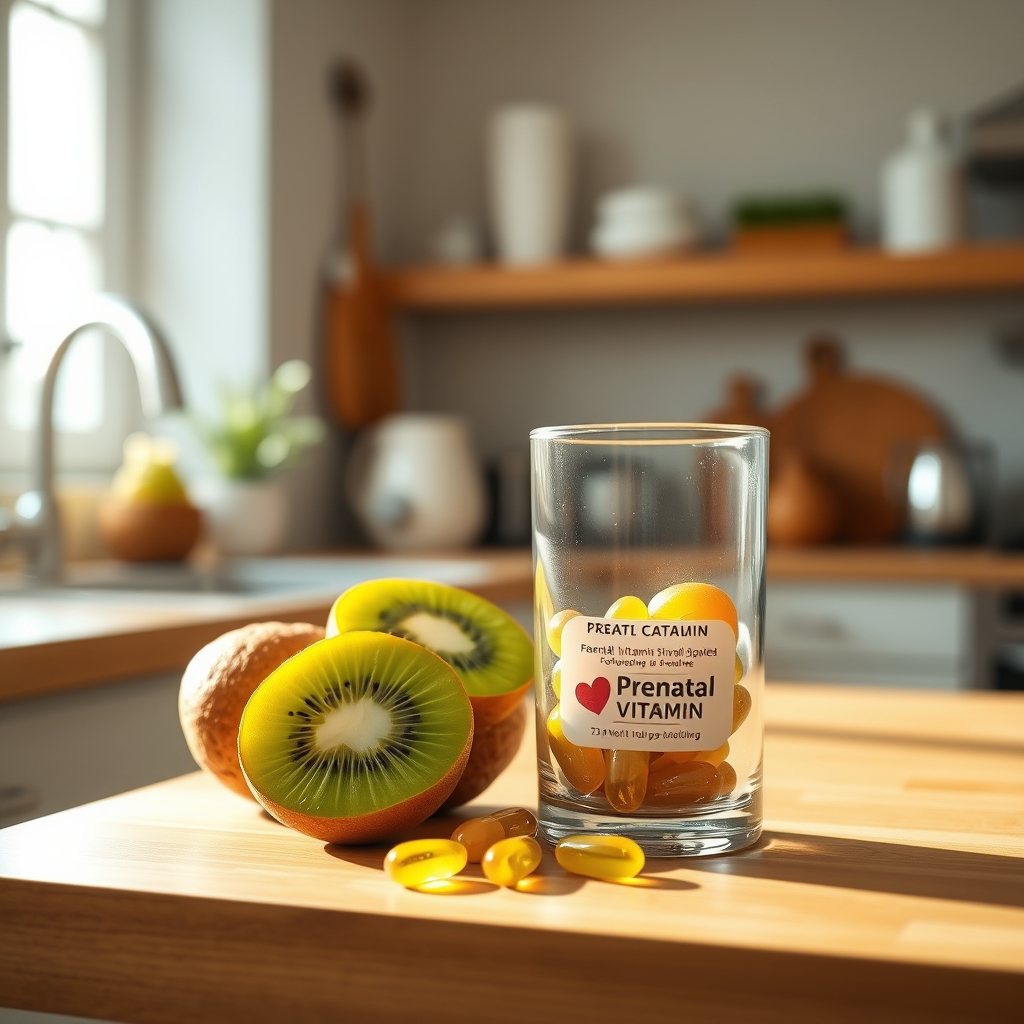 A bright kitchen scene showing a glass of fortified prenatal vitamin capsules beside a bowl of fresh kiwi slices and a sprig of rosemary on a wooden countertop, natural morning light