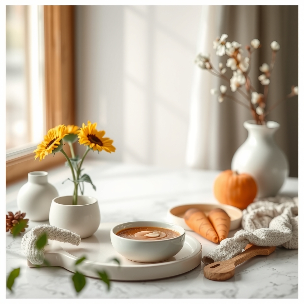A cozy bedroom with soft lighting, a journal, a plant, and a cup of tea on a nightstand