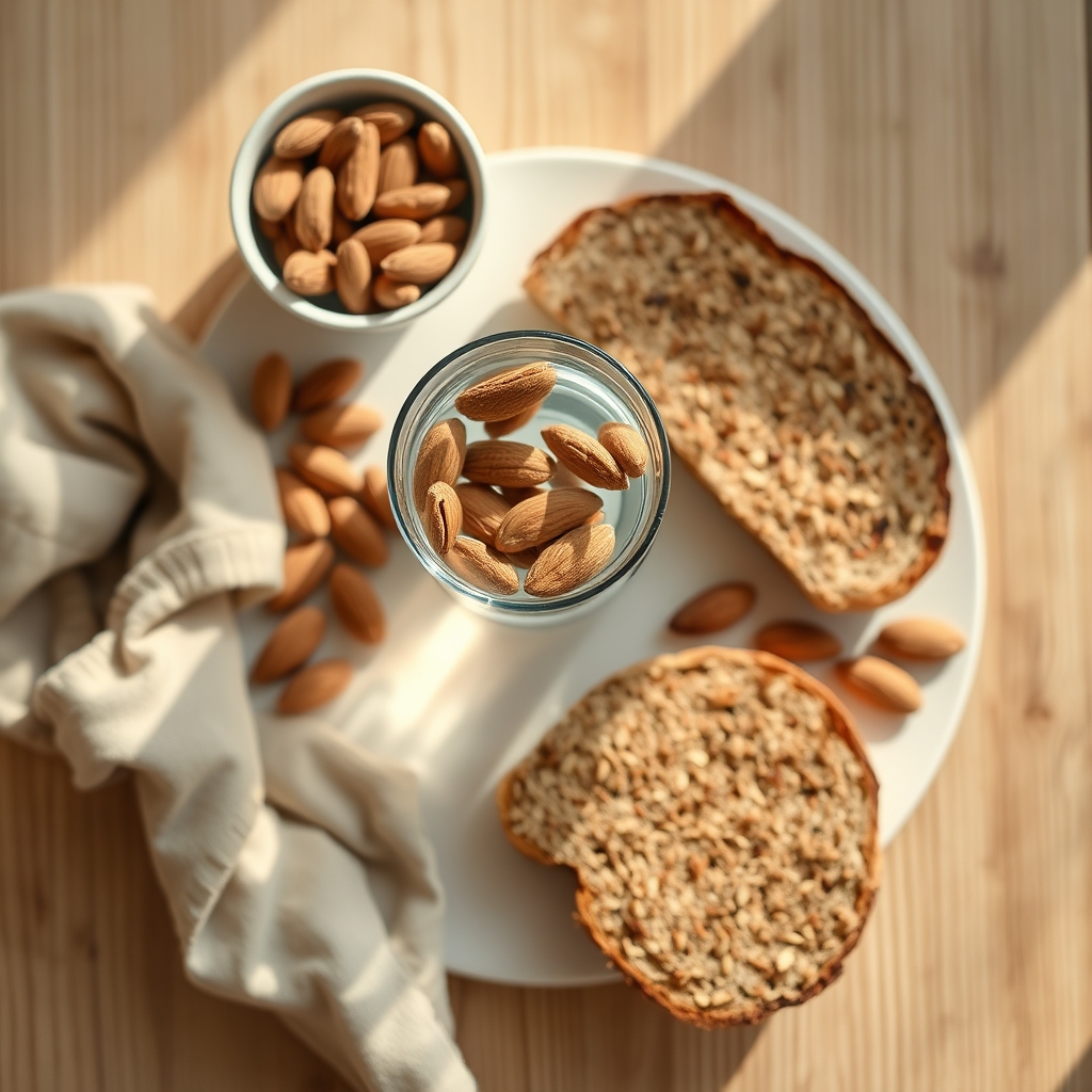 A glass of water beside a small bowl of almonds and a slice of whole‑grain toast on a light wooden table, soft morning light