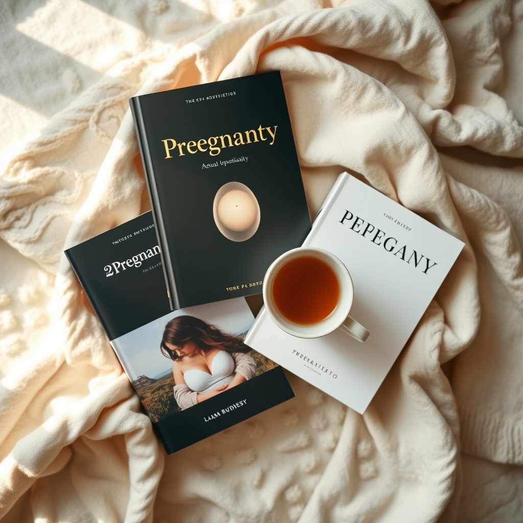 A stack of pregnancy‑focused books on a wooden table, a steaming cup of tea beside them, and a soft blanket, inviting the reader to explore emotional support resources
