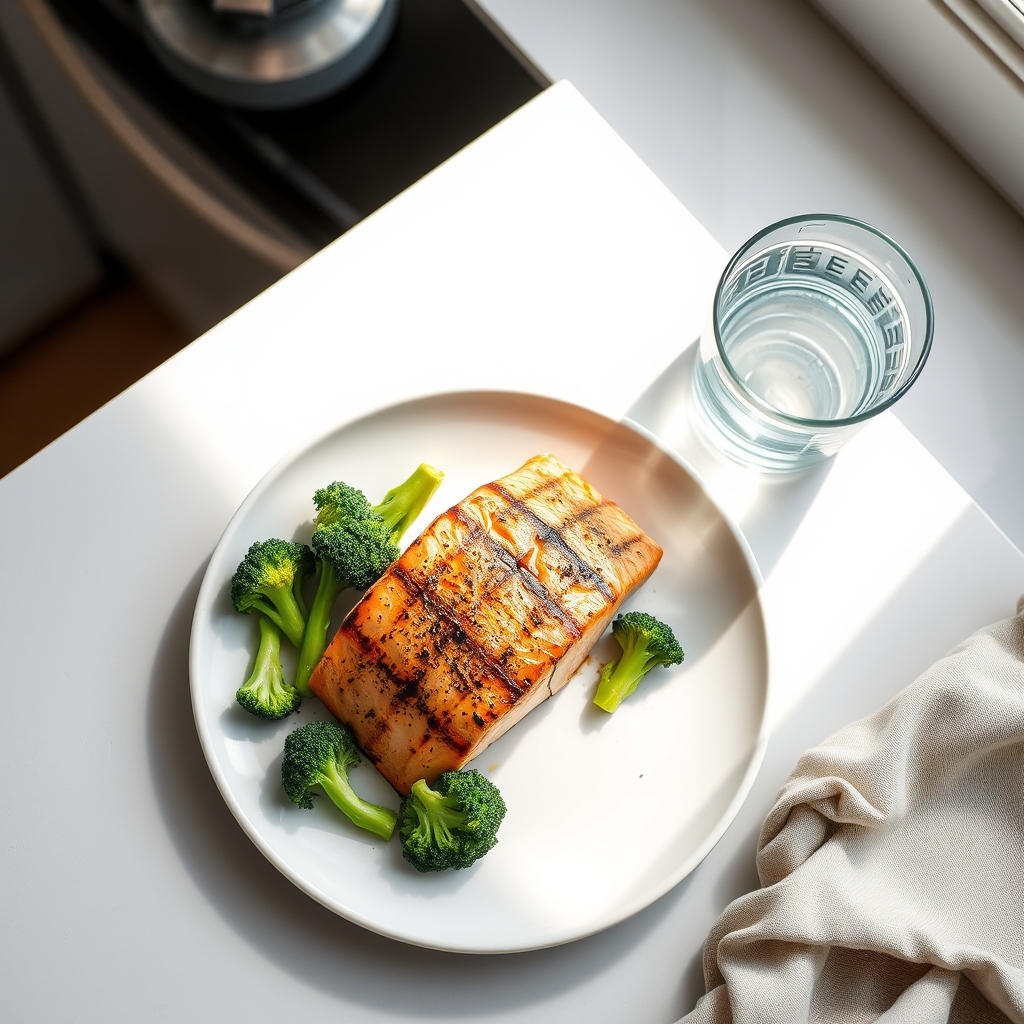 A bright kitchen scene with a bowl of salmon, a side of steamed broccoli, and a glass of water, illustrating a balanced pregnancy meal that supports mood