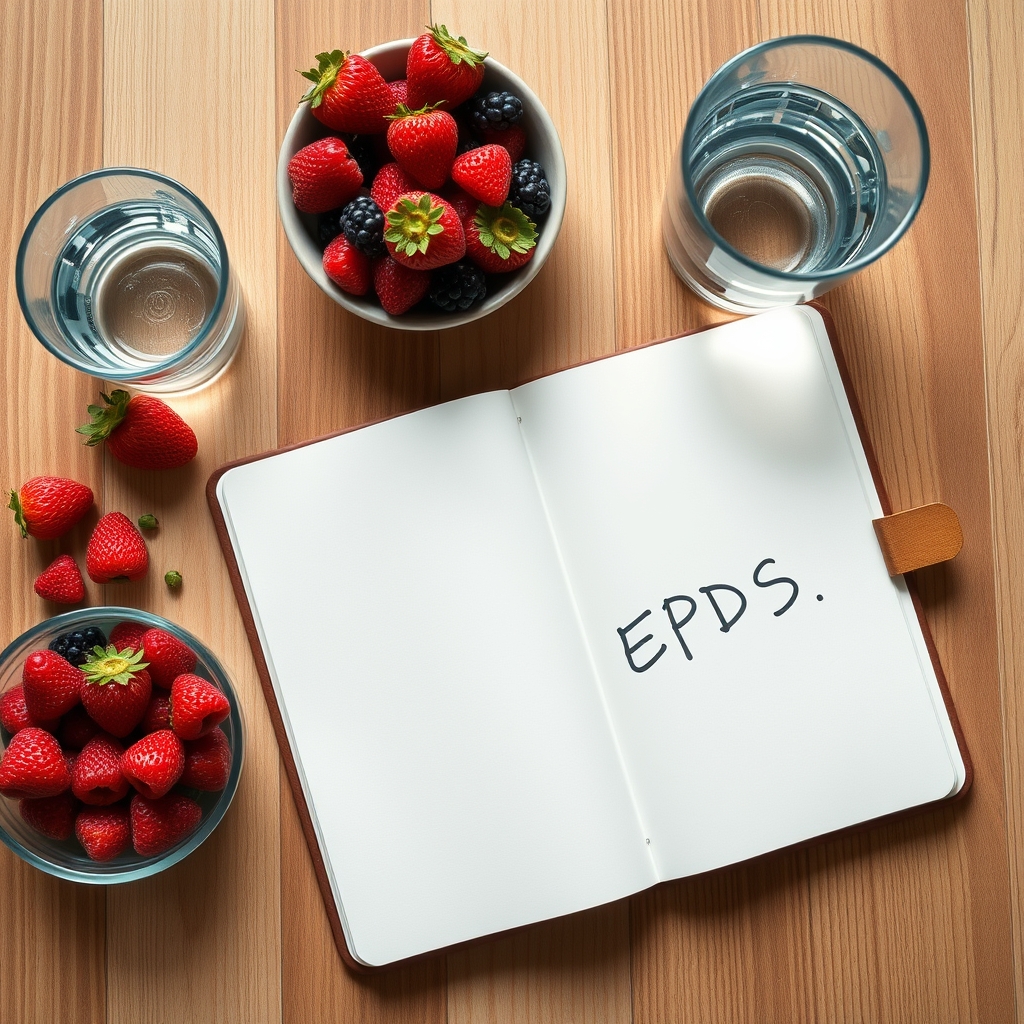 A bright kitchen counter displaying a bowl of fresh berries, a glass of water, and a notebook with a handwritten EPDS score, illustrating a calm self‑care routine