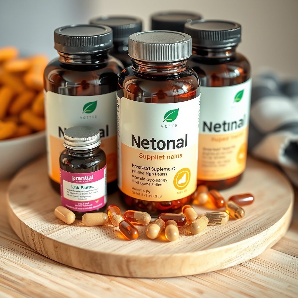 A collection of prenatal supplements including a multivitamin bottle, calcium tablets, and algae DHA capsules on a wooden surface