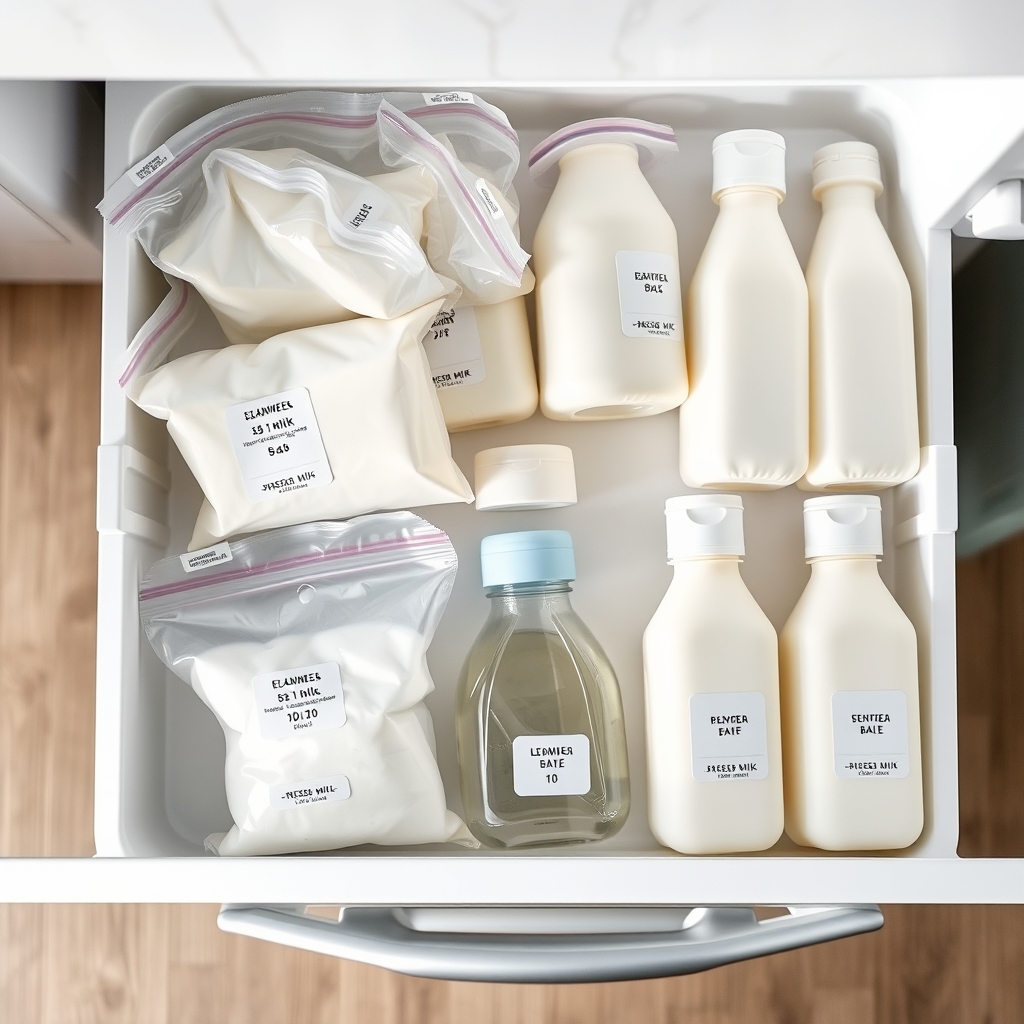 Neatly organized breast milk storage bags and bottles in a freezer drawer, labeled with dates