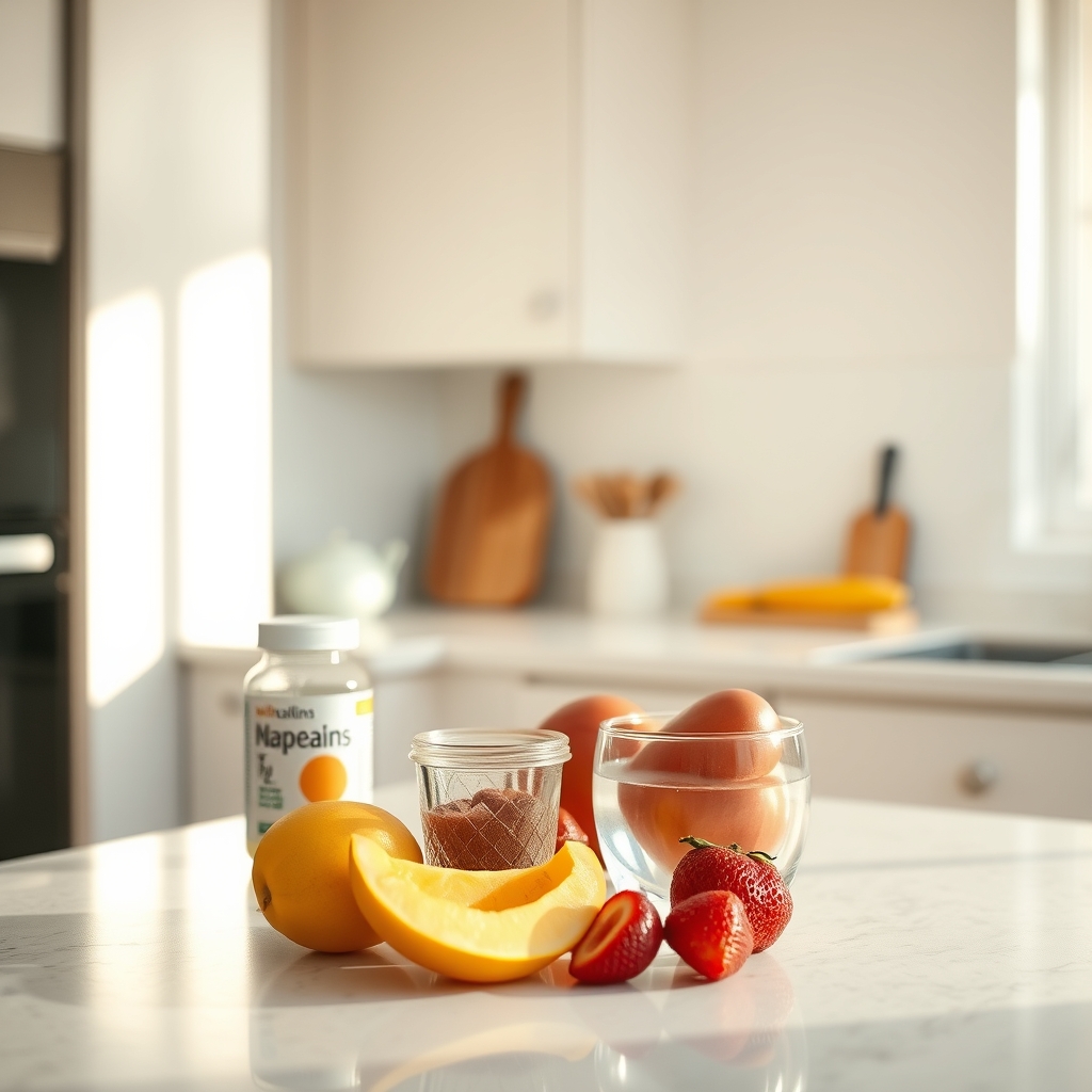 A sunny kitchen counter with a glass of water, a prenatal vitamin bottle, and a fresh fruit bowl, illustrating a healthy early‑pregnancy routine