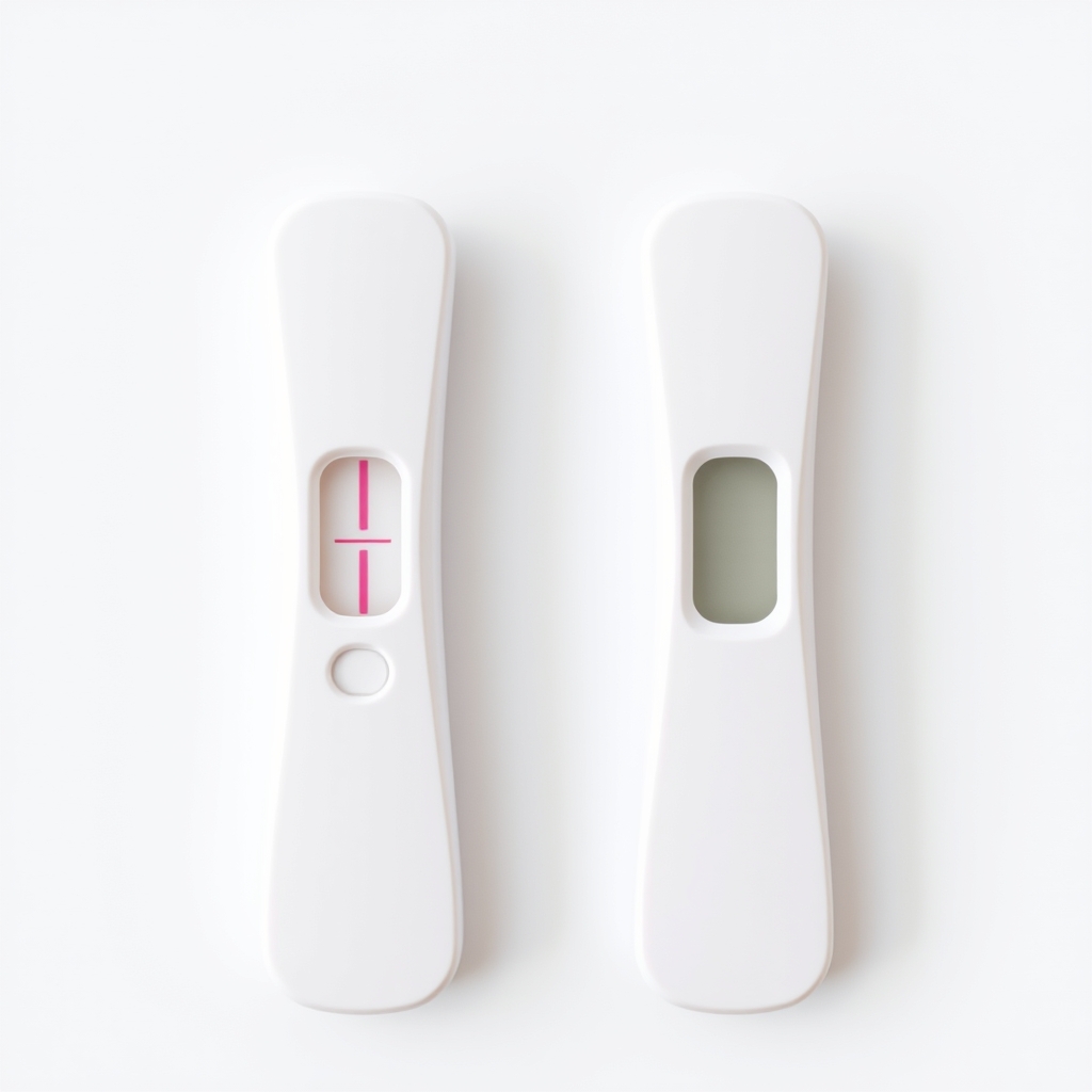 Side‑by‑side comparison of a faint pregnancy test line and an evaporation line on a test strip, bright natural light, clear labeling