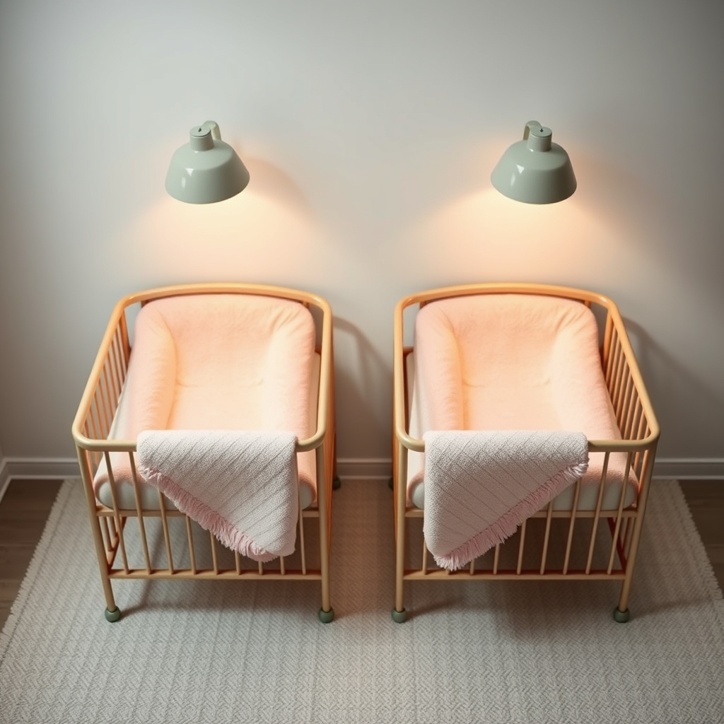 Two sleepy infants in separate cribs, soft blankets, and a gentle nightlight creating a tranquil scene
