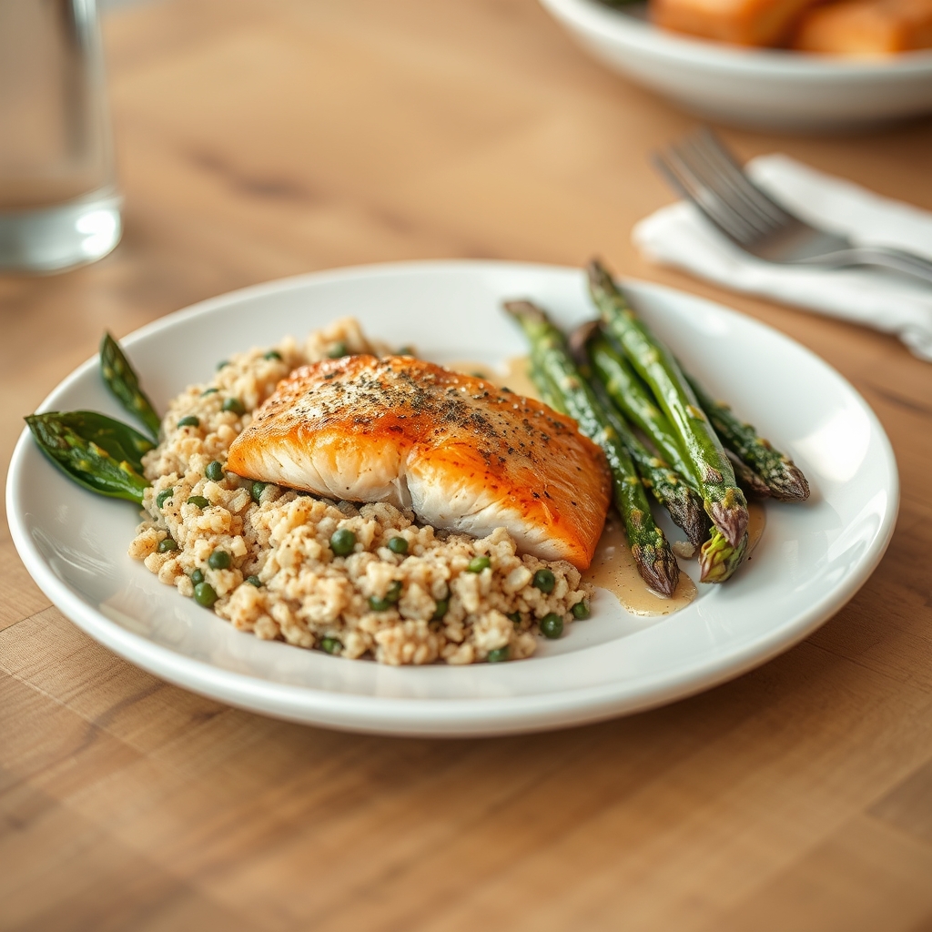 A colorful, balanced plate showing grilled salmon, quinoa, and roasted vegetables, exemplifying a fertility‑supportive dinner