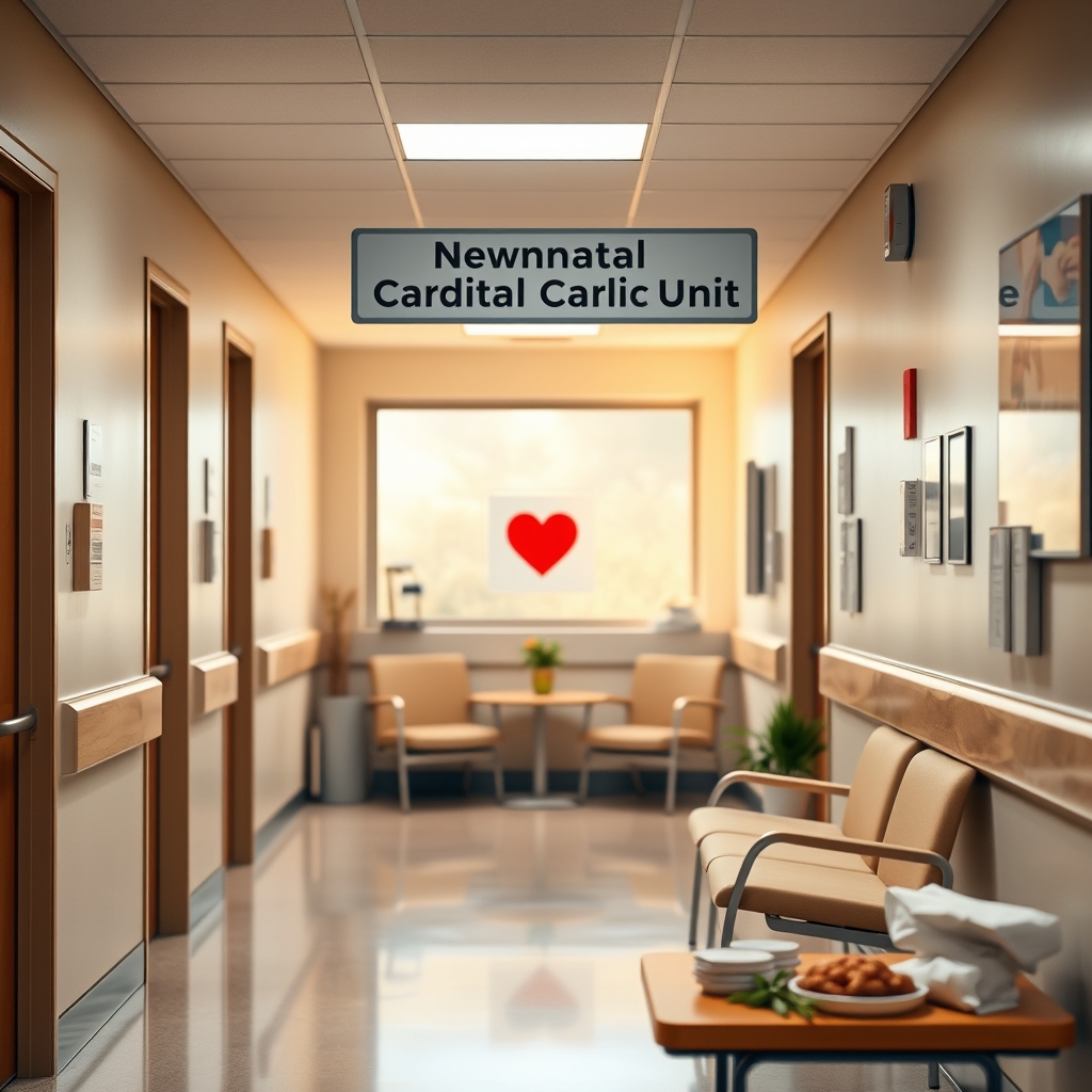 A calm hospital hallway with a neonatal cardiac unit sign, soft lighting and a comforting chair for families