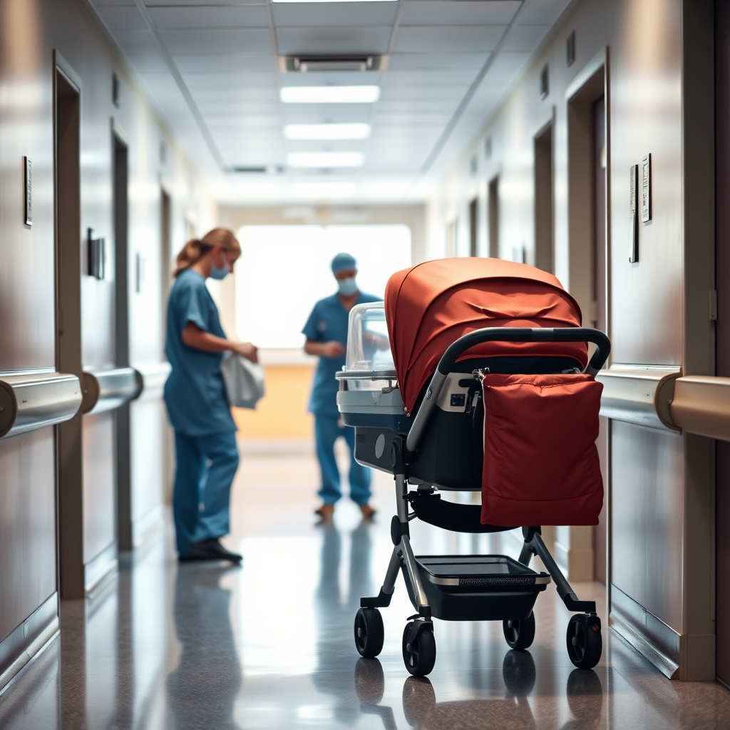 A calm hospital hallway with a neonatal transport team prepping a portable incubator and a stroller, soft daylight filtering through large windows