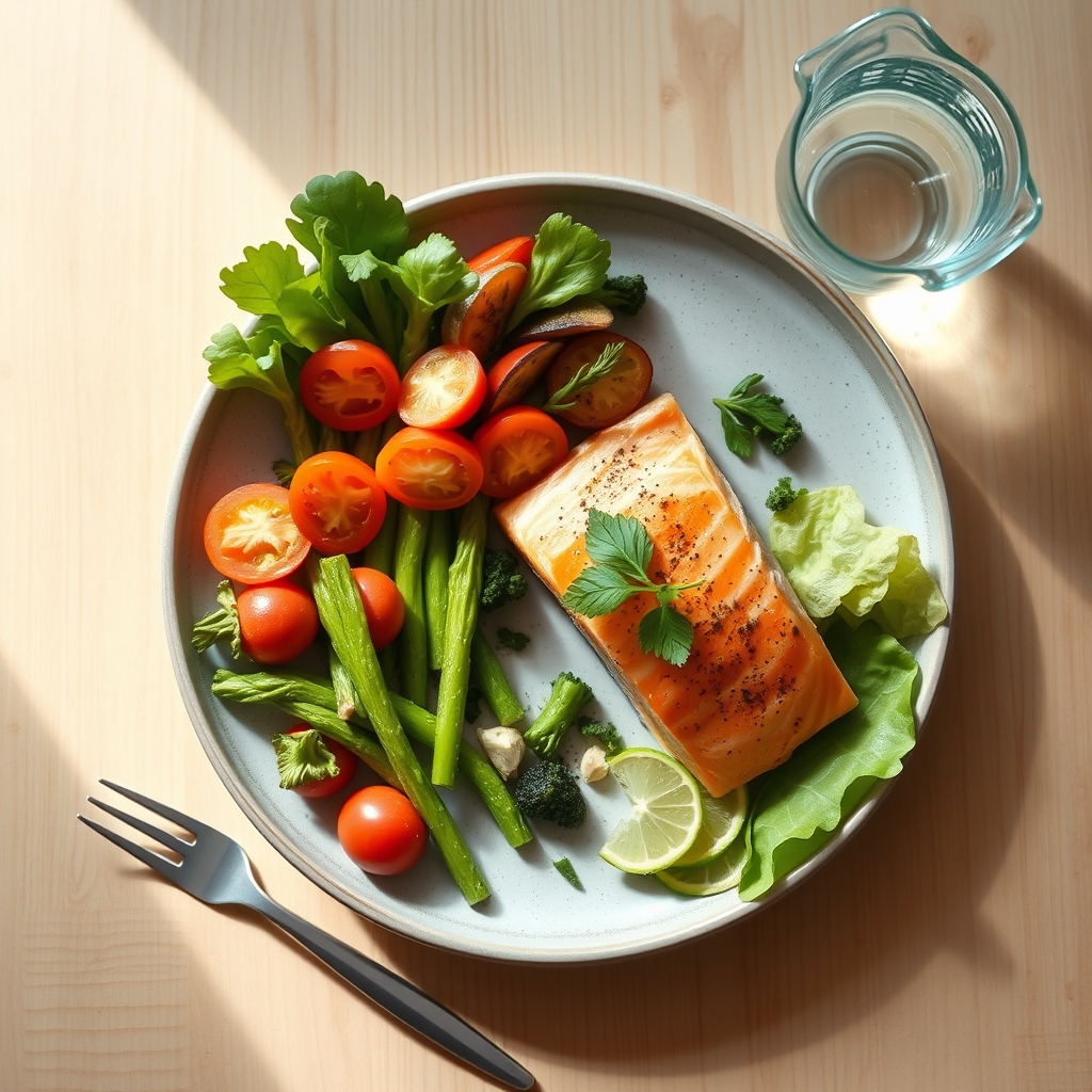 A plate of cooked salmon, steamed vegetables, and a glass of water on a wooden table, bright kitchen lighting