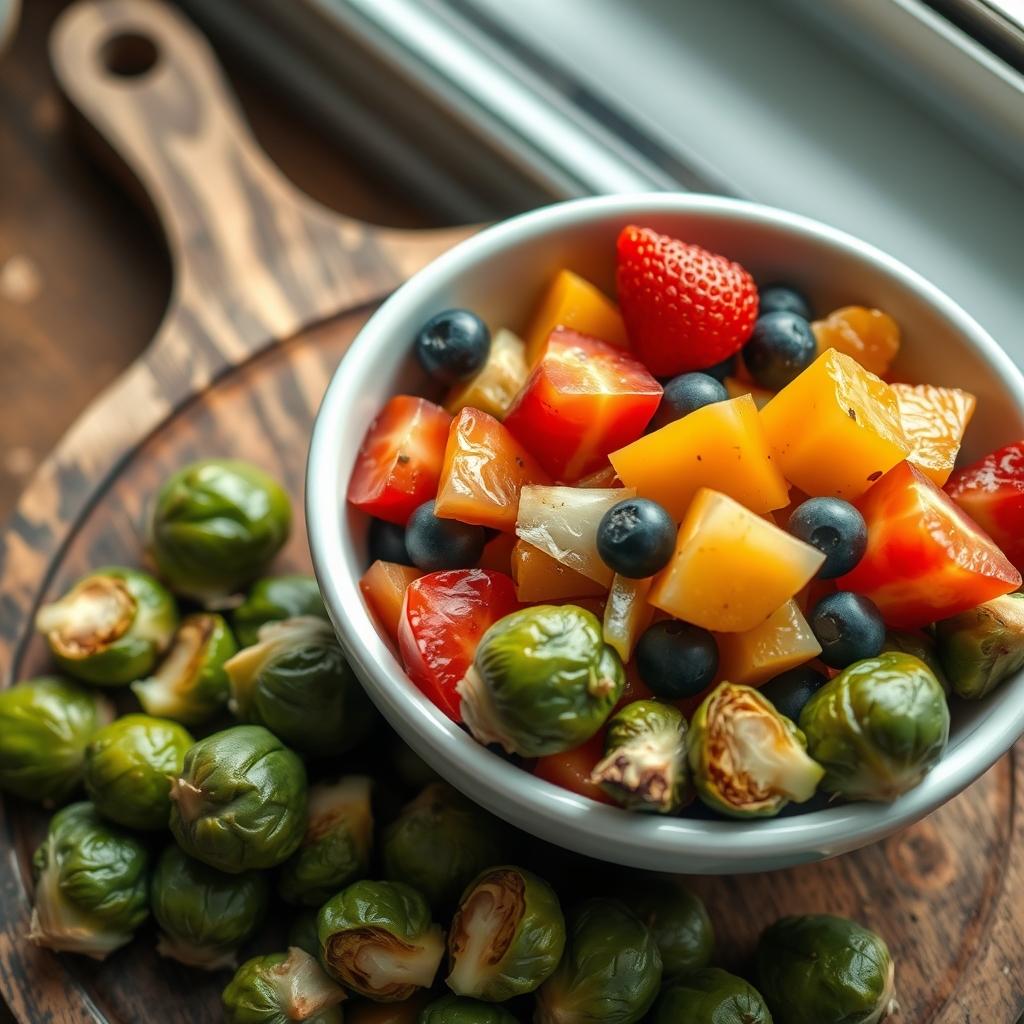 Colorful bowl of fresh fruit salad with apple, pear, berries, and a side of roasted Brussels sprouts on a wooden platter
