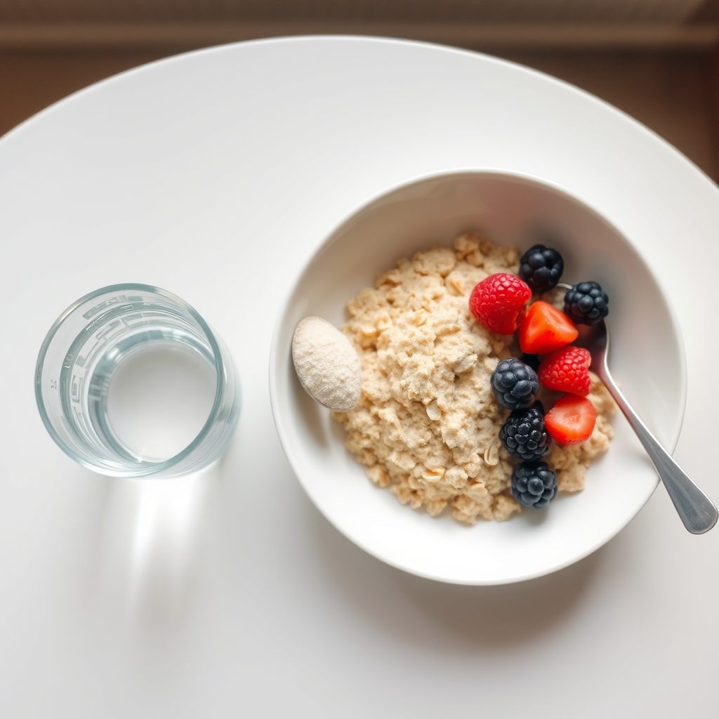 A glass of water with a spoonful of fiber supplement powder beside a bowl of oatmeal topped with fresh berries on a sunny kitchen table