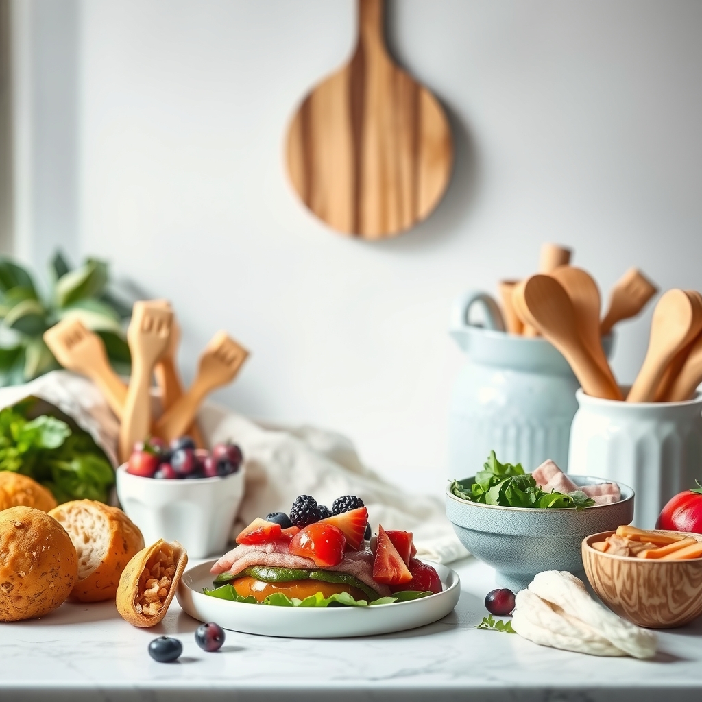 A spread of postpartum-friendly foods including bone broth, ginger tea, and leafy greens