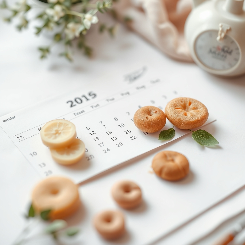 A calendar page marked with ovulation day, a pink circle around day 7, and a pregnancy test beside a cup of water