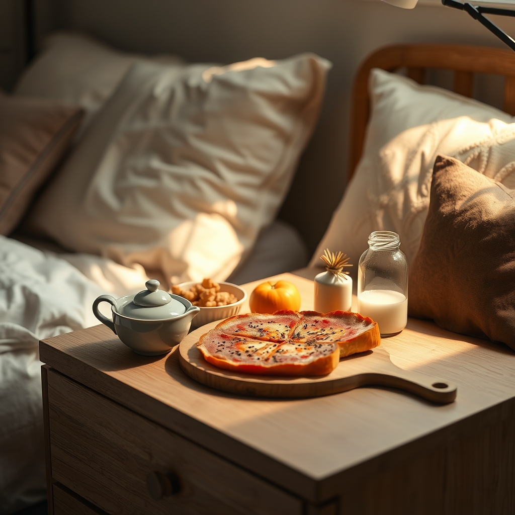 A tidy nightstand with a pregnancy test, a clean glass cup, a digital timer on a phone, and a small glass of water, all under soft warm lighting