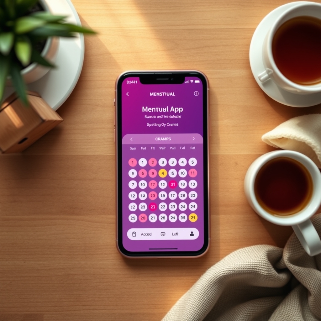 Smartphone screen displaying a menstrual tracking app with color‑coded calendar dots for spotting, cramps, and mood, placed on a wooden table with a cup of tea