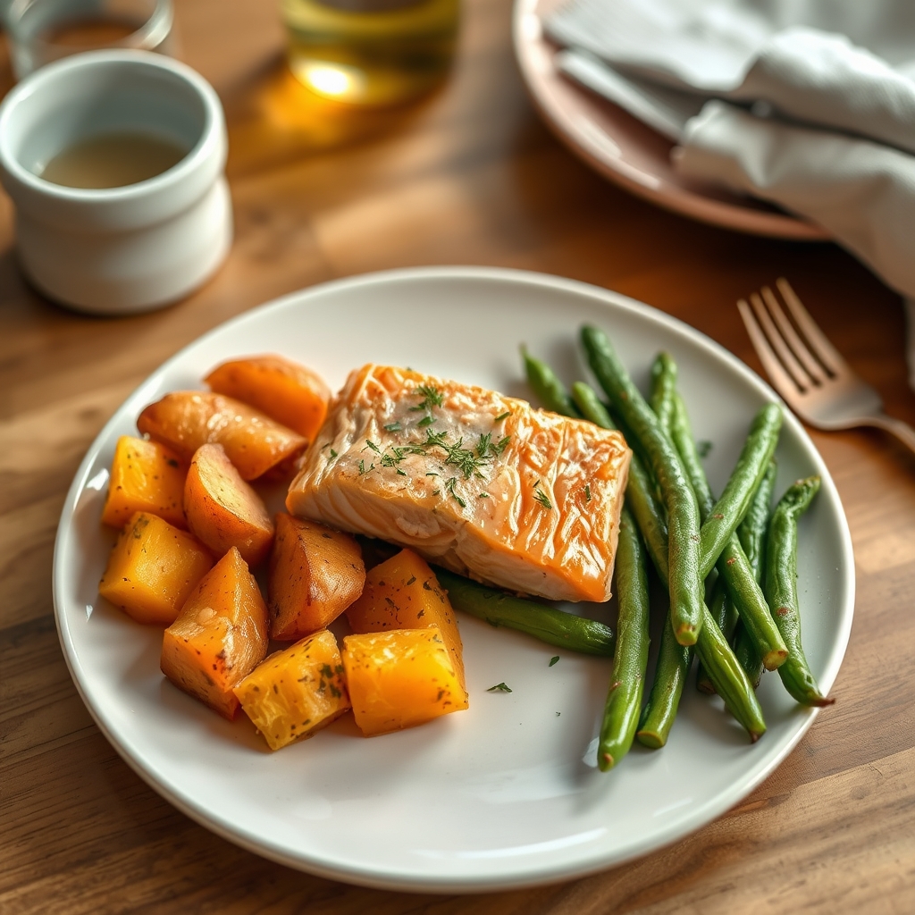A plated dinner of baked salmon, sweet potato mash, and steamed green beans, illustrating a balanced third‑trimester meal rich in protein and healthy carbs