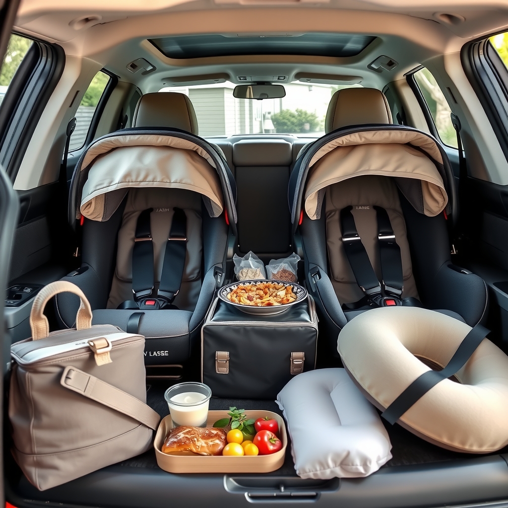 Twin essentials with two car seats, double diaper bags, and a nursing pillow