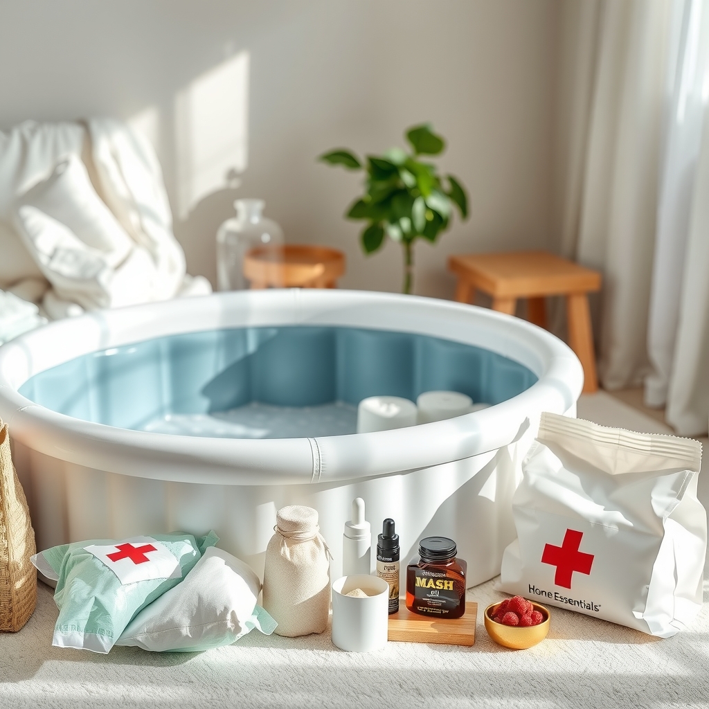 A home birth essentials kit with a birth pool, ice packs, and a first aid kit