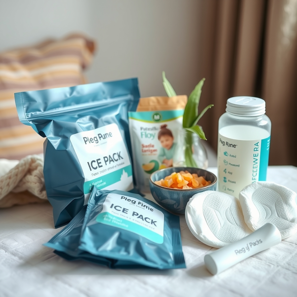 A postpartum recovery kit with ice packs, maxi pads, and a peri bottle