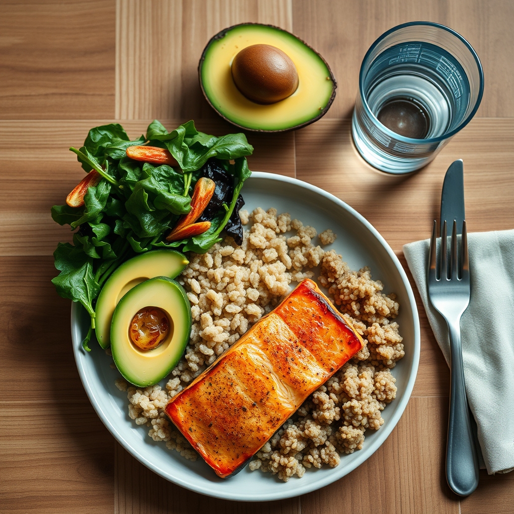 A colorful plate of pregnancy-safe foods including salmon, spinach, avocado, and whole grains