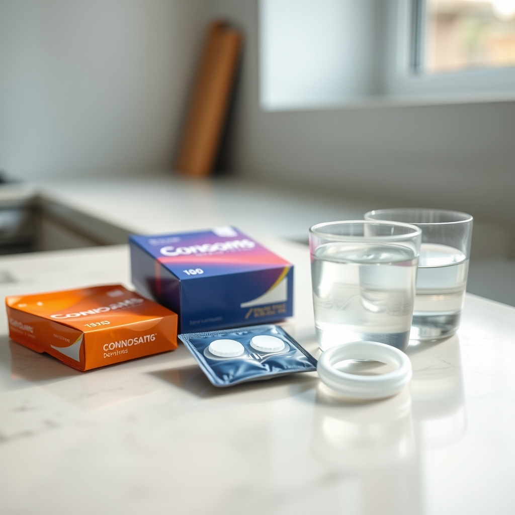 Close‑up of a small stack of condoms, a fresh dental dam, and a glass of water on a wooden countertop, bright natural light