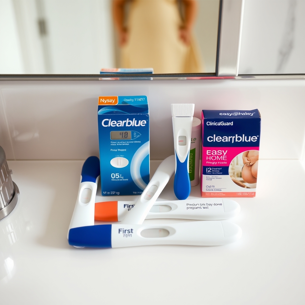 Five different pregnancy test brands lined up on a bathroom counter