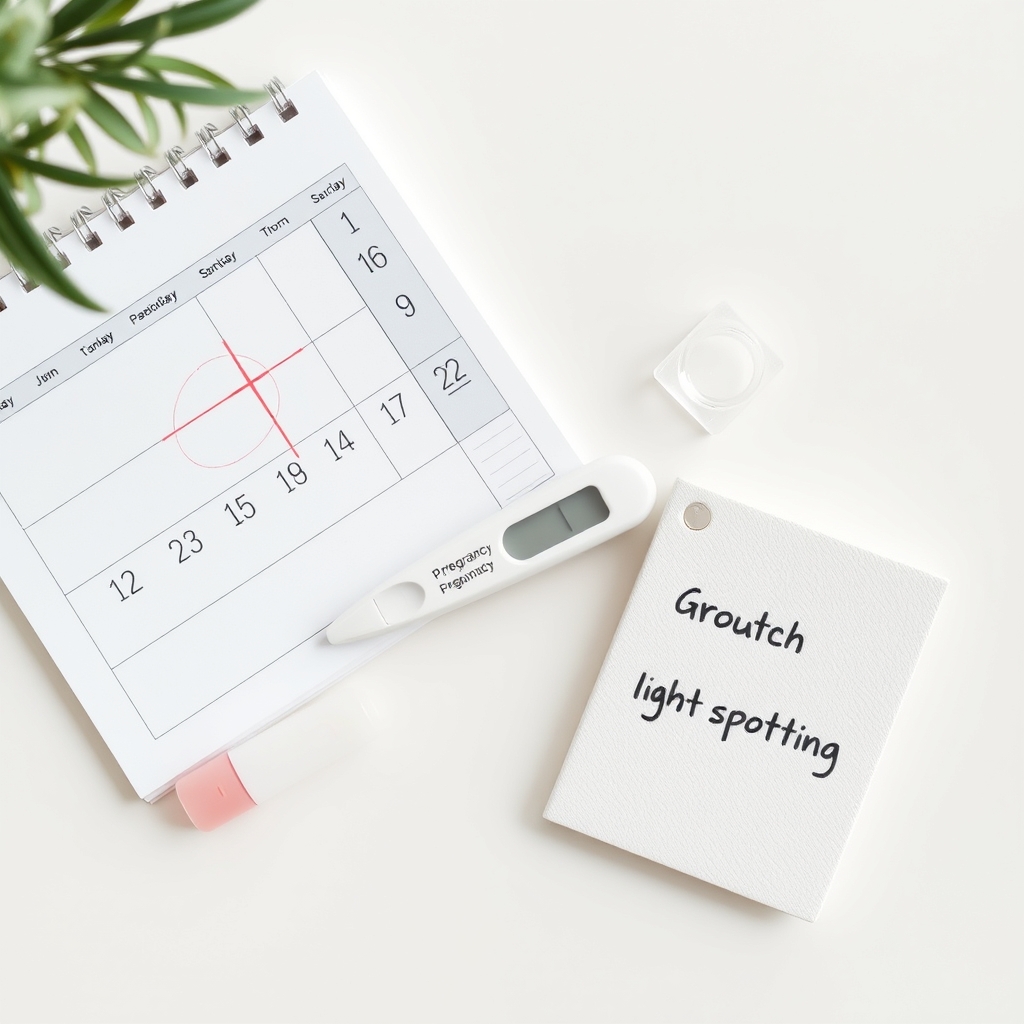 Close-up of a calendar with a circled date and a note about light spotting, next to a pregnancy test