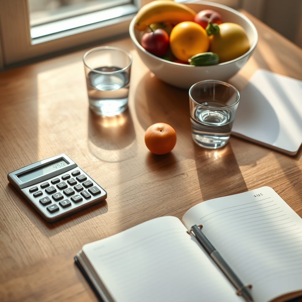 A calm, sunlit kitchen table with a calculator, a glass of water, and a notebook titled 'Pregnancy Screening' open to a page with numbers
