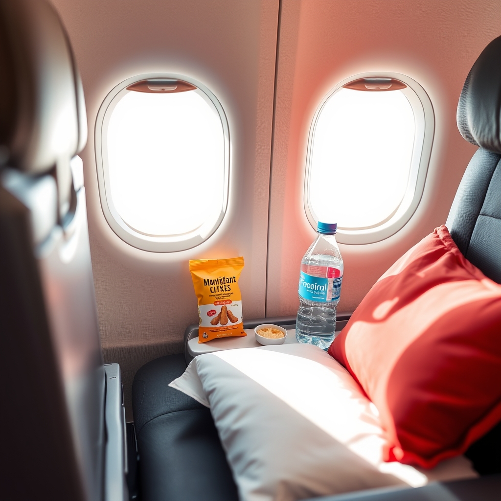 a cozy airplane seat with a pregnancy travel kit including ginger candies, a water bottle, and a supportive neck pillow, illustrating flying in first trimester tips safety