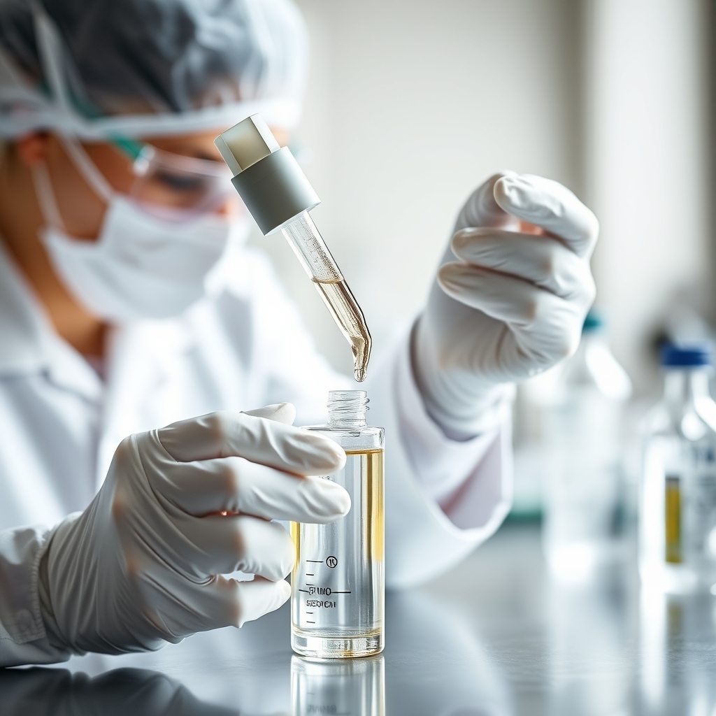 Close‑up of a laboratory technician preparing a serum sample for placental growth factor analysis, bright clinical lighting, modern lab equipment