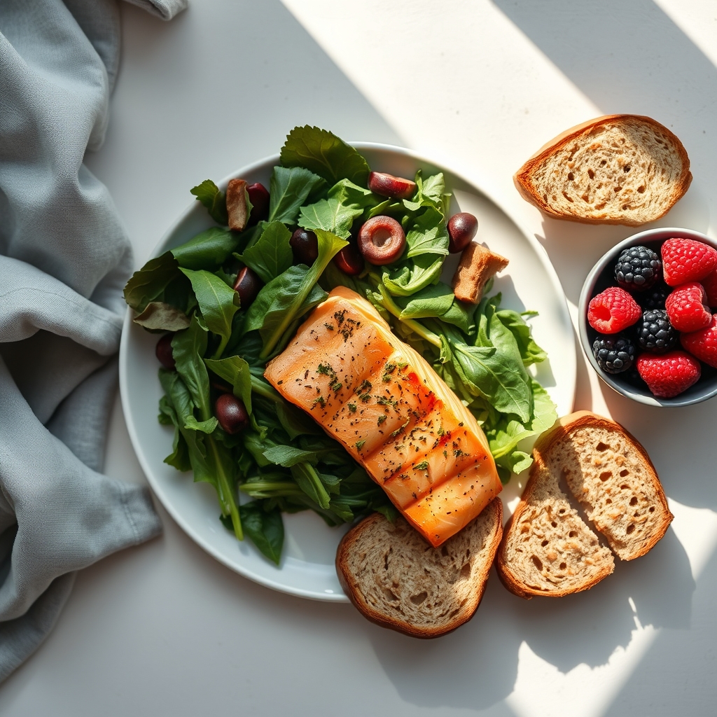 Colorful plate of prenatal-friendly foods: leafy greens, salmon, whole‑grain toast, and berries, arranged on a wooden board