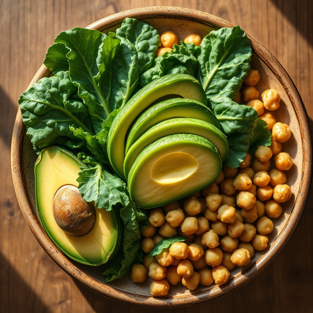 A vibrant bowl of organic kale, avocado slices, and chickpeas on a rustic ceramic plate, soft natural light highlighting the colors
