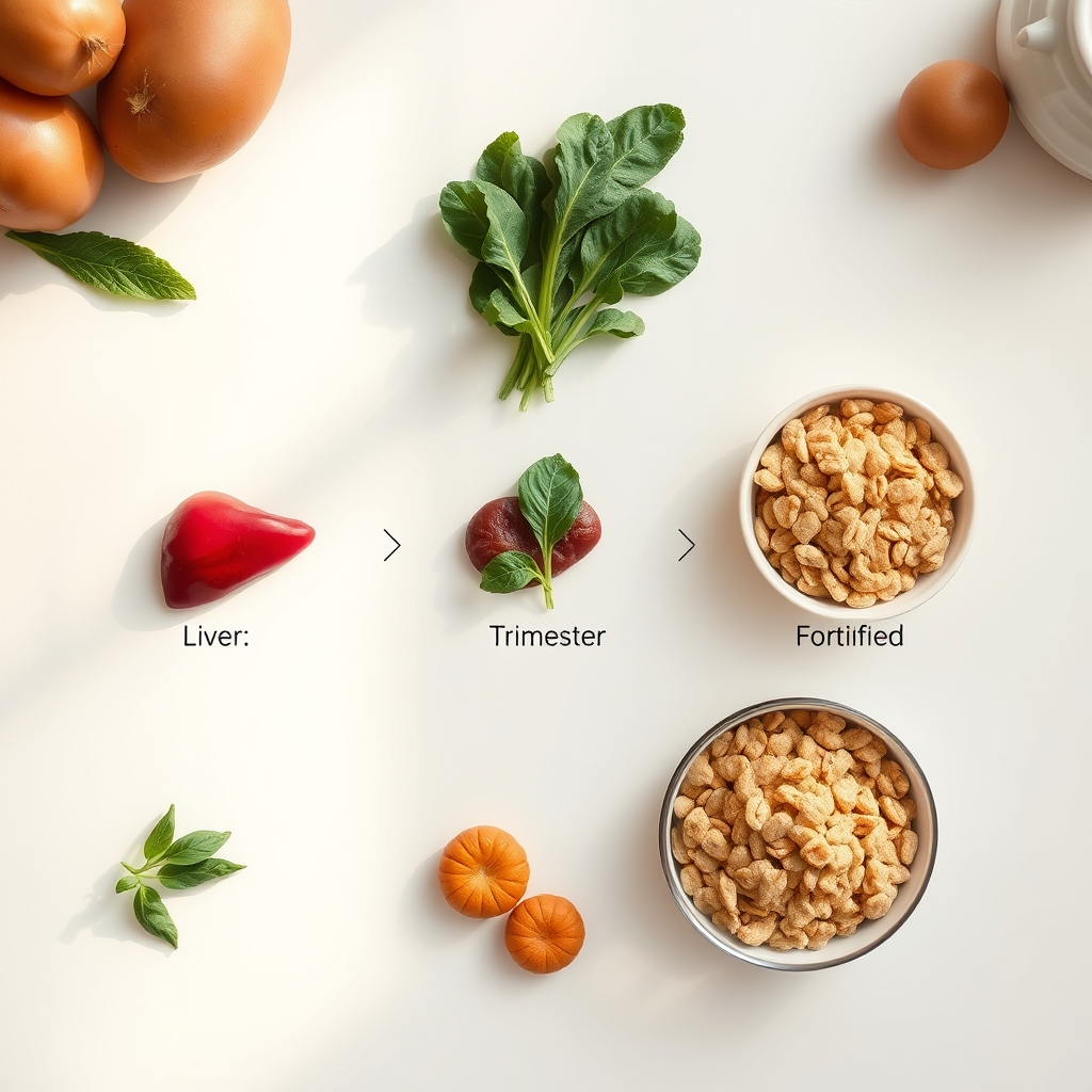 A timeline graphic showing iron needs across the three trimesters of pregnancy, with icons for foods and supplements
