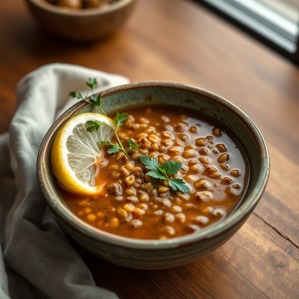 A steaming bowl of lentil soup garnished with lemon wedges and fresh herbs, illustrating a first‑trimester iron‑rich meal