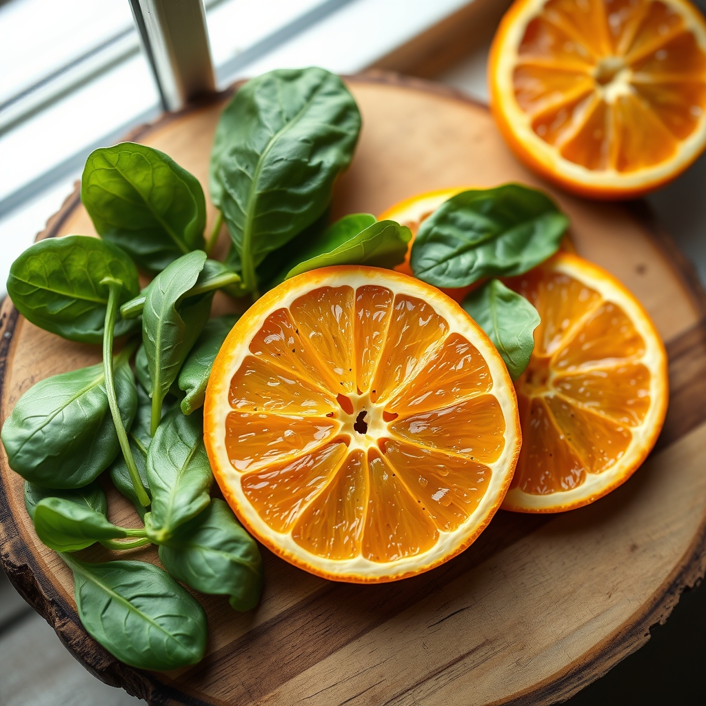 Close‑up of a bright orange citrus fruit sliced open, revealing juicy segments beside a handful of fresh spinach leaves on a wooden cutting board