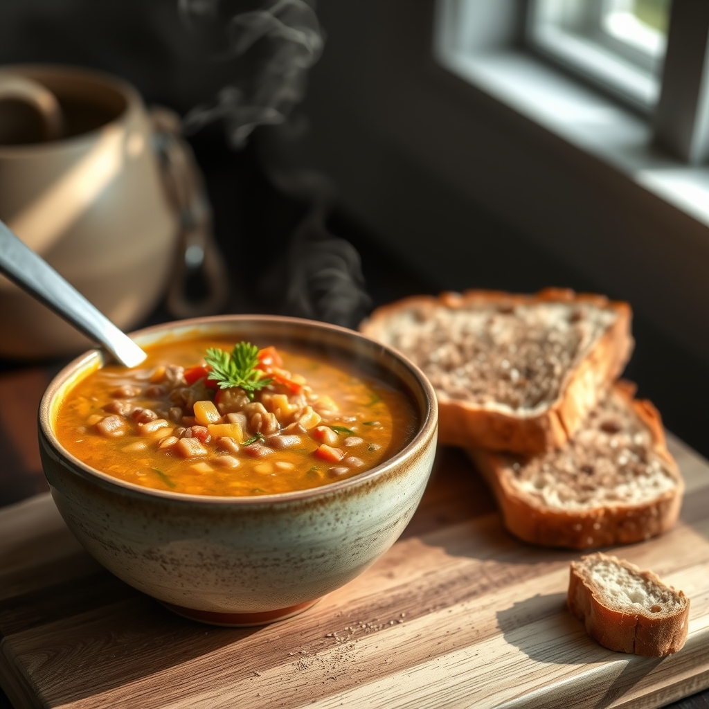 A bowl of creamy lentil soup garnished with fresh parsley, served beside a slice of whole‑grain toast on a bright kitchen counter