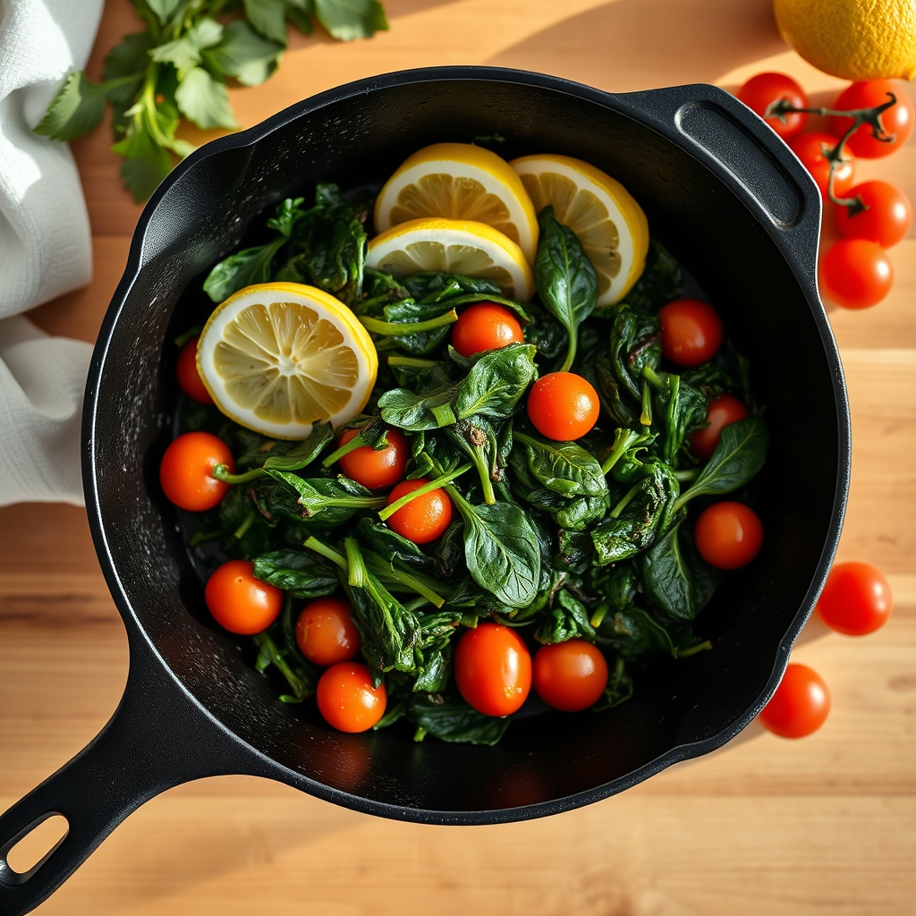 A cast‑iron skillet filled with sautéed spinach, lemon wedges, and cherry tomatoes, bright kitchen light highlighting the food