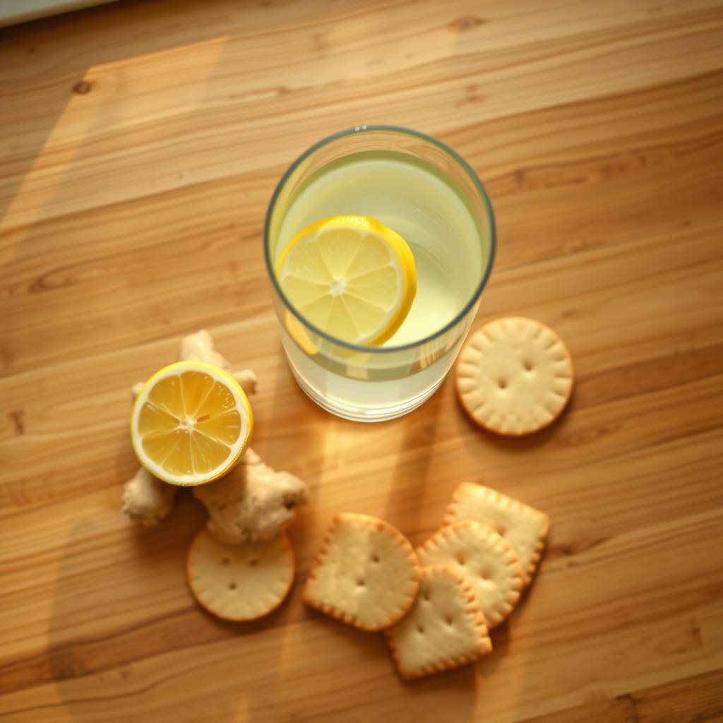 A bright kitchen countertop with a glass of lemon water, a small bowl of ginger slices, and a plate of plain crackers, natural light highlighting fresh ingredients
