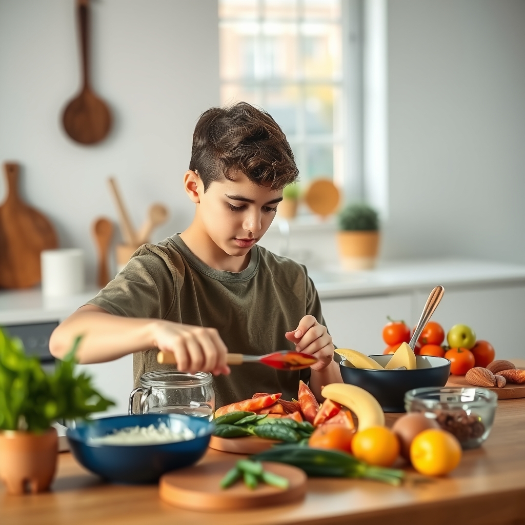 A teenager cooking a meal in the kitchen while a parent watches from the doorway