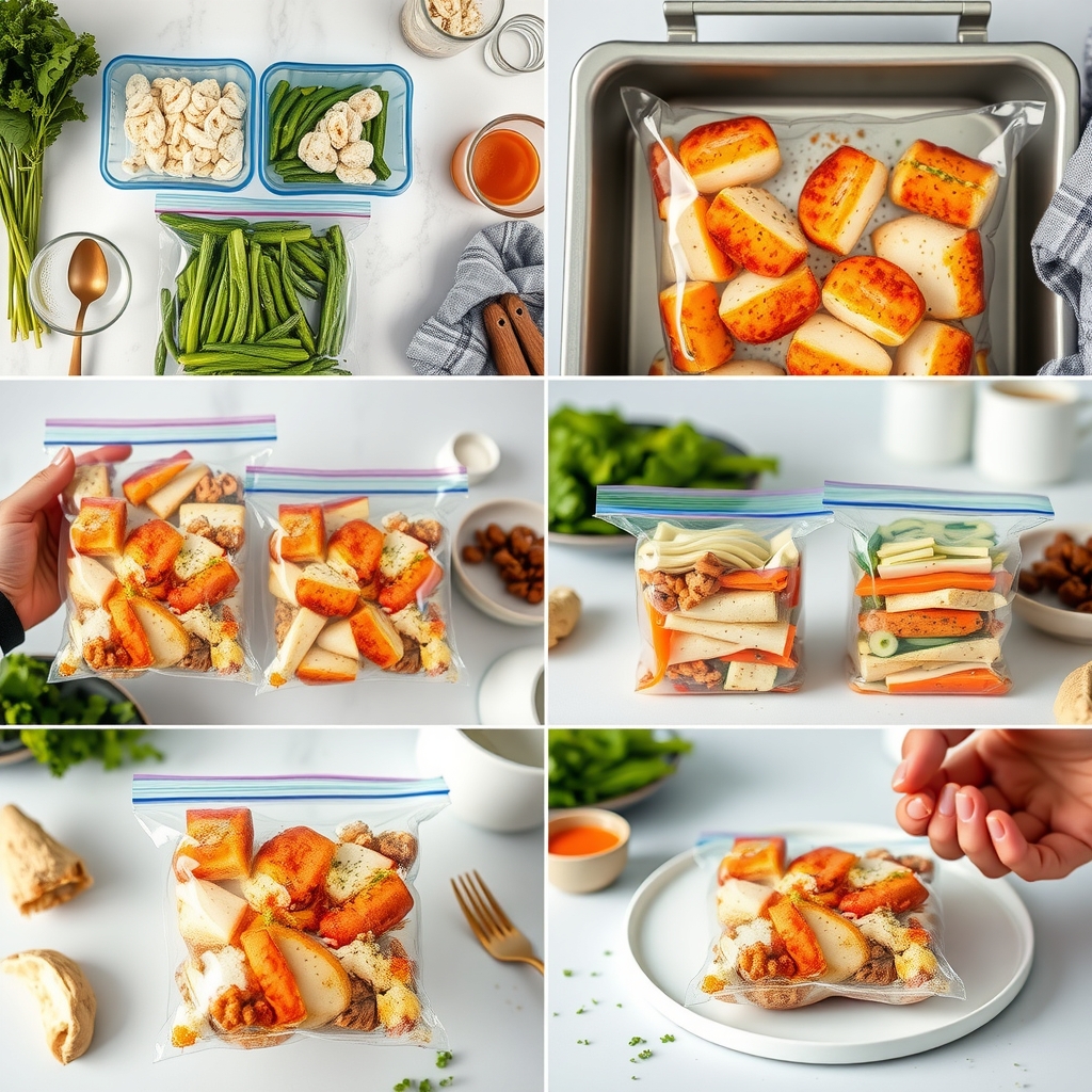 A step-by-step collage of postpartum freezer meal prep: chopping veggies, filling containers, labeling, and organizing the freezer
