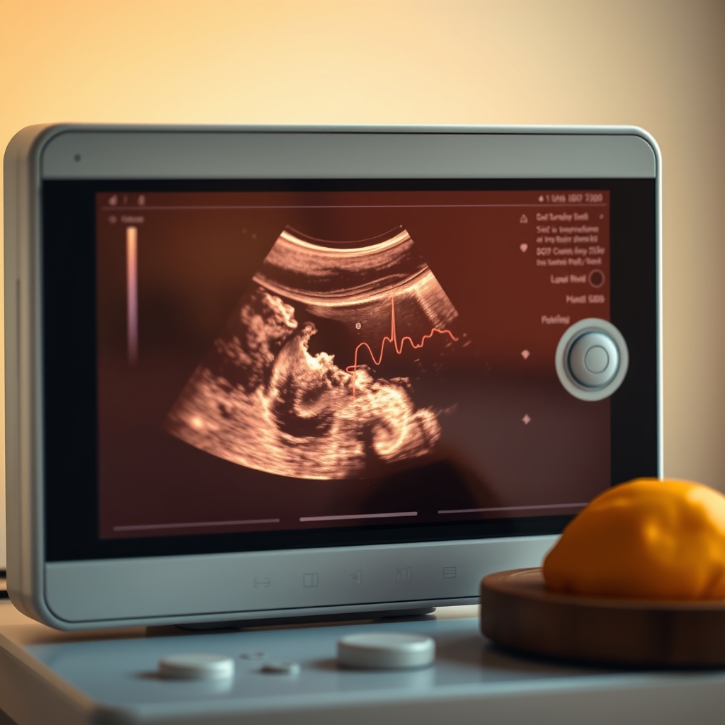 Early first‑trimester ultrasound screen showing a tiny fetal heartbeat, soft pastel background, gentle lighting, clinical yet comforting setting