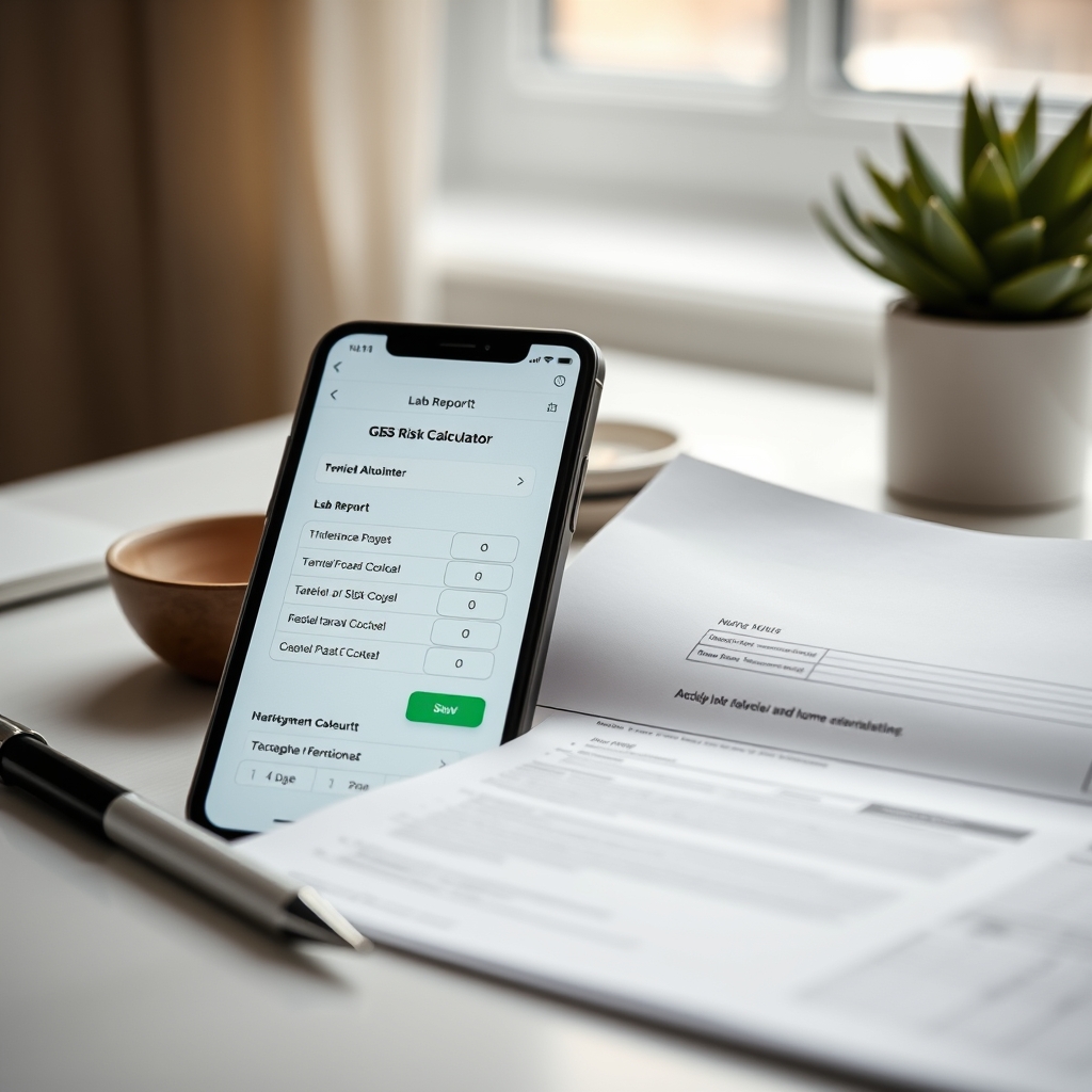 A close‑up of a pen, a lab report, and a smartphone displaying a GBS calculator, illustrating the need to track risk factors during labor