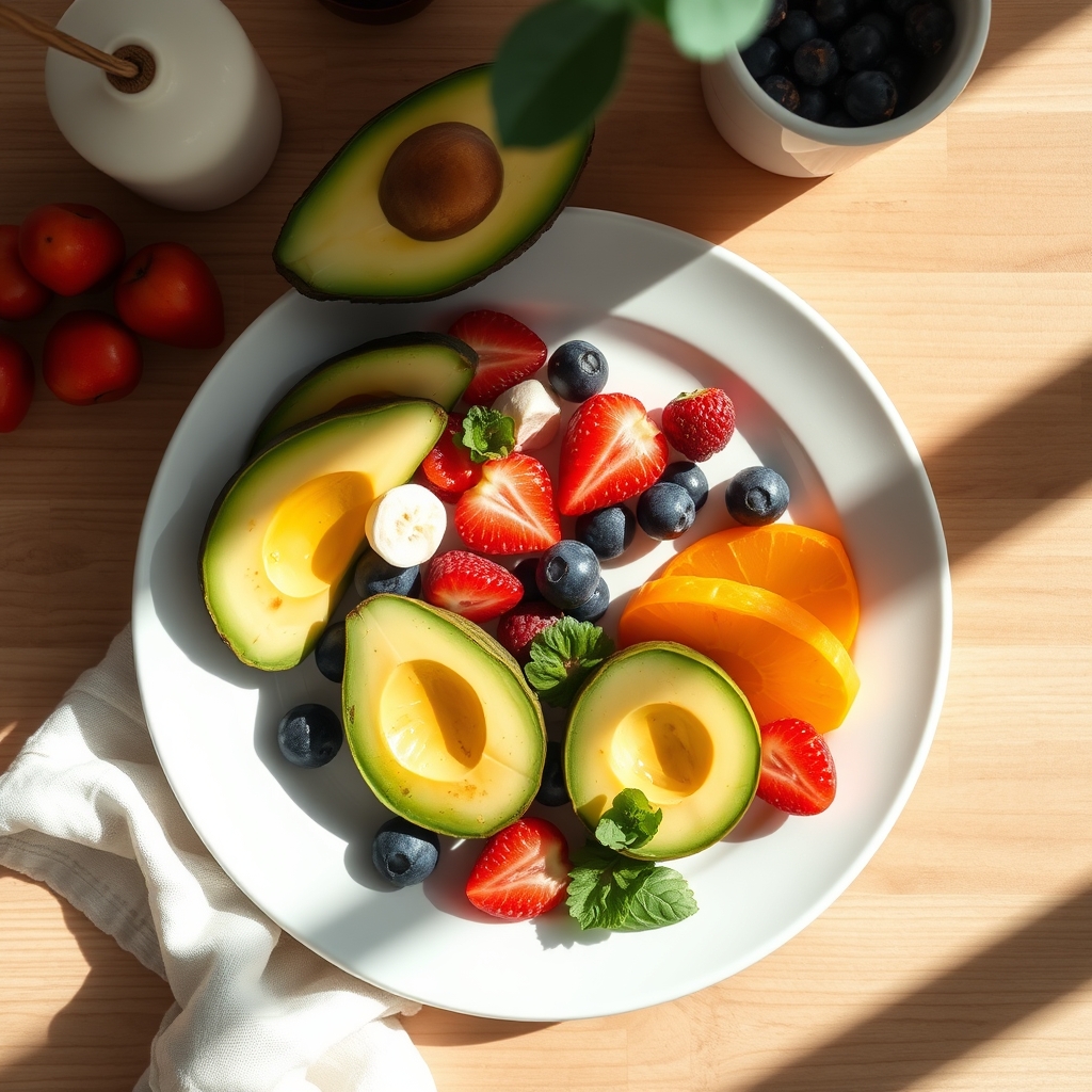 Healthy breakfast plate with whole‑grain toast, avocado, eggs, and fresh berries, bright kitchen lighting